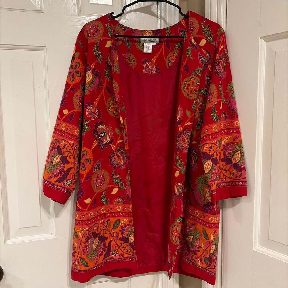 Coldwater Creek Red Floral Linen Blend Kimono Open Jacket Size M